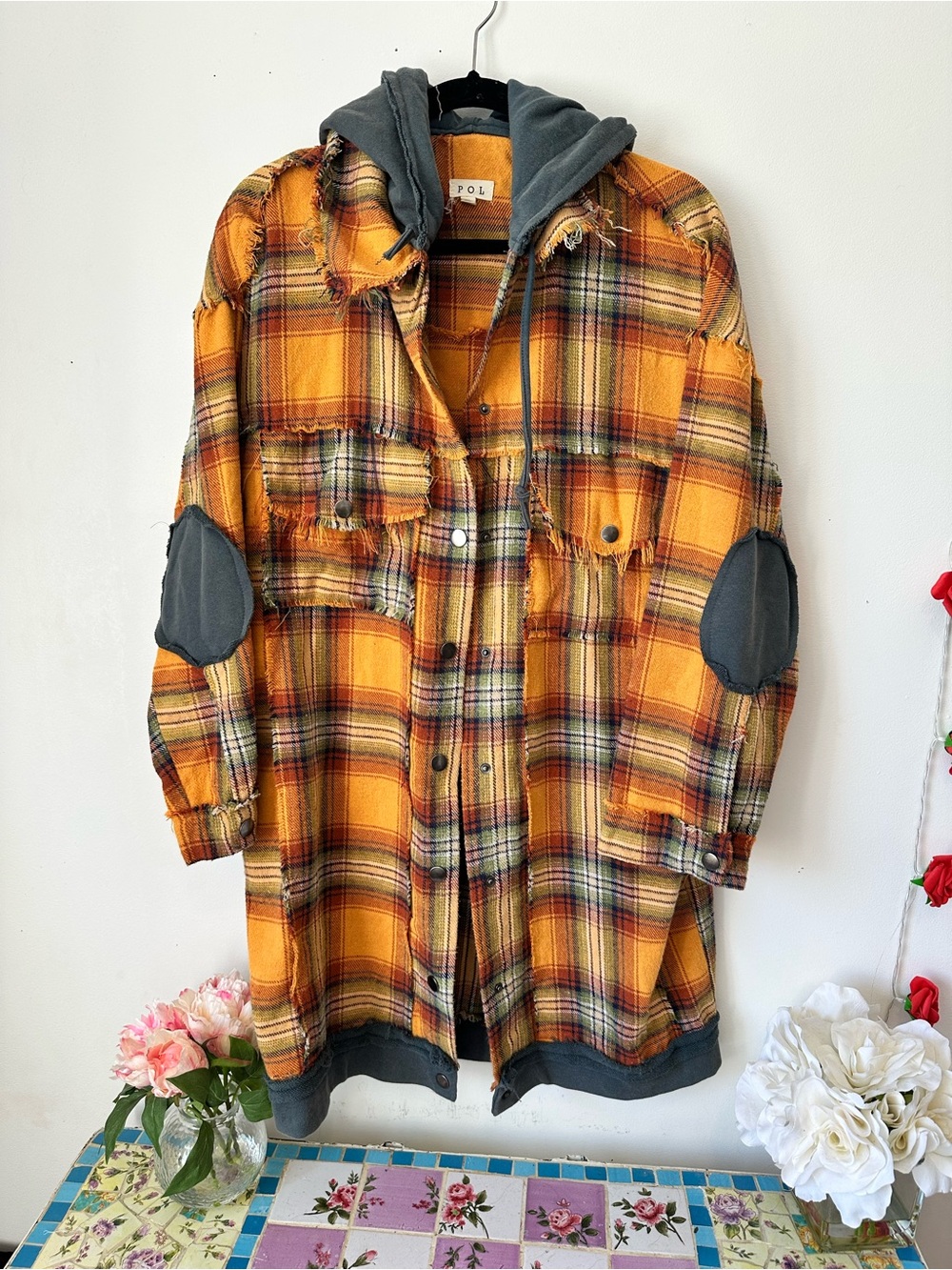 POL Yellow Plaid Flannel Hooded Utility Shacket Shirt M L XL - Picture 4 of 8